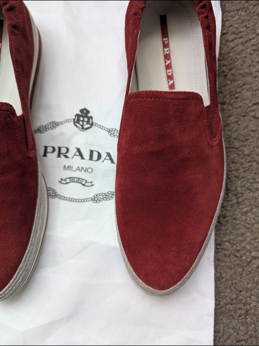 Prada Saint Tropez SuedeEspadrille Slip-On Sneakers in a burgundy or red color - Picture 4 of 8